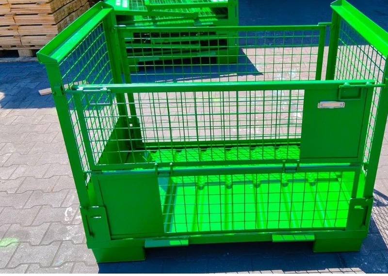 Bright green powder-coated steel mesh container with drop gate